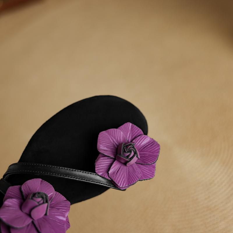 Fashion Women's new leather cowhide flower toe exposed elastic belt buckle, comfortable and breathable low heel sandals, Roman sandals