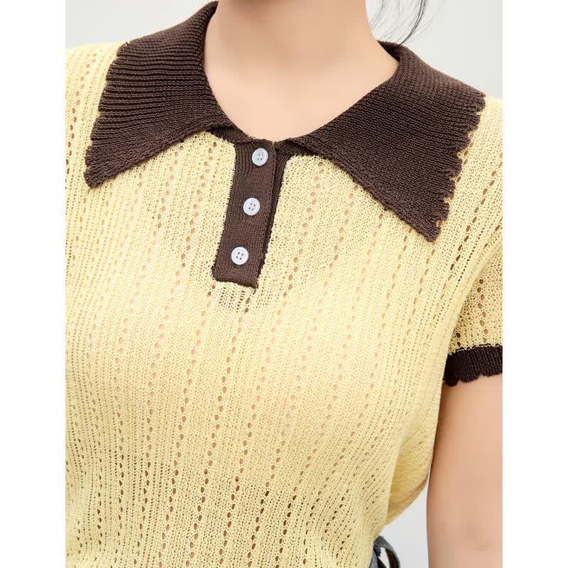 Qiu Shui Yi Ren Women's Contrast Lapel Knit Short Sleeve Top