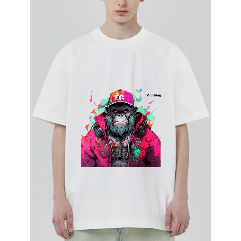 Černé tričko s barevným grafickým potiskem opice a textem pro běžné nošení