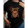 European Size Women' Plus Size Black History Month T-Shirt - Full-Body African American Woman Print with Leopard Bow & Glasses Short Sleeve Round Neck