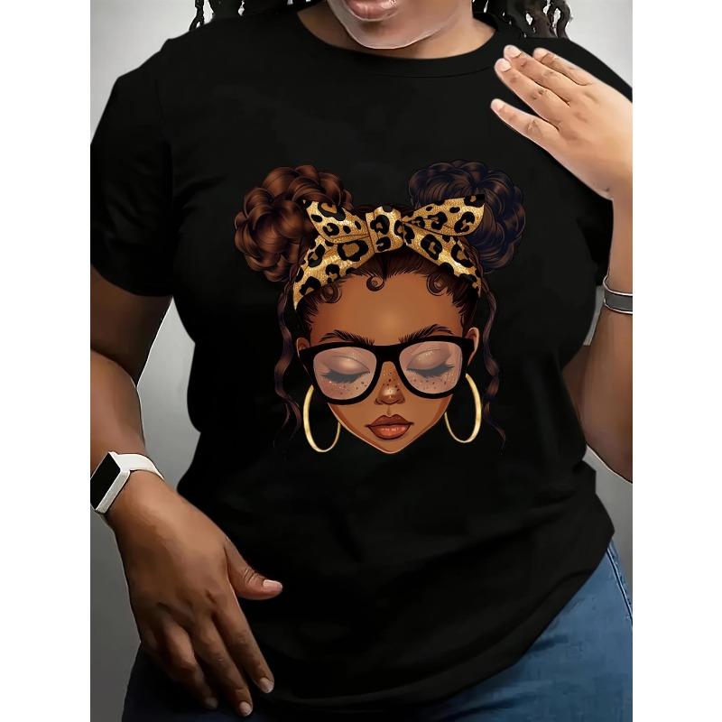

European Size Women Plus Size Black History Month T-Shirt - Full-Body African American Woman Print with Leopard Bow & Glasses Short Sleeve Round Neck 4XL