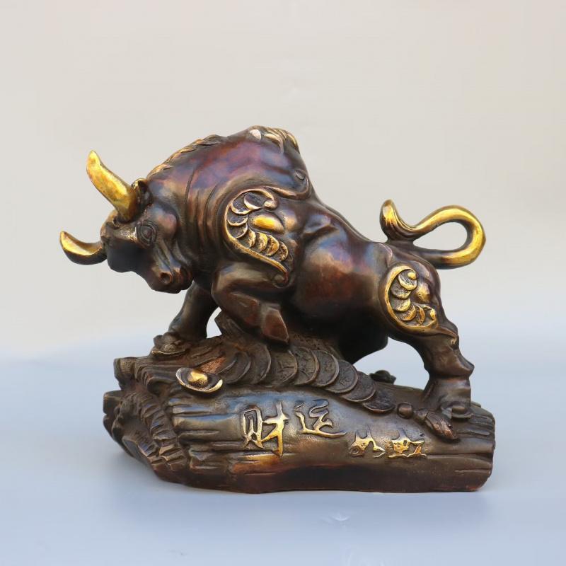 Antique Copper Ornament Brass Wealth Zodiac Bullish Gold Bull Home Office Gift Long22Wide9High17cm