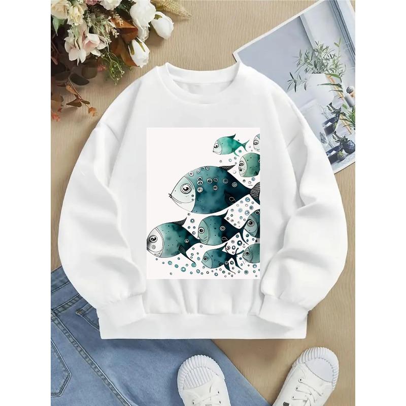 European sizes Crewneck Sweatshirt for Kids Featuring a Blue Fish Swimming Among Bubbles.  Perfect for Sports And Casual Outings 110 белый
