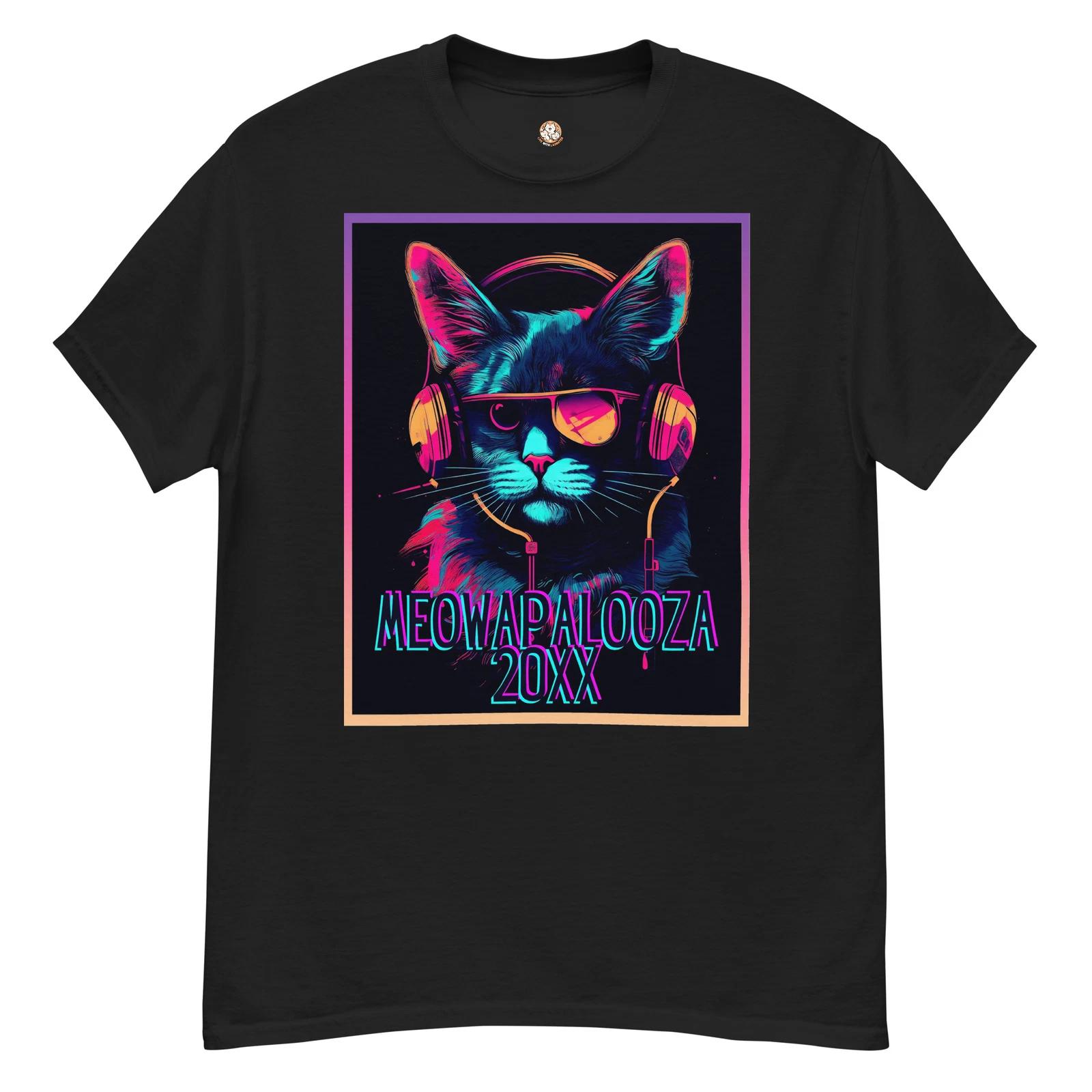 Live With Laughter Novelty Graphic T-Shirt - Meowapalooza 20XX (Black) L
