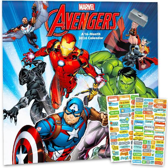 Avengers Calendar 2026 - Deluxe 2026 Marvel Avengers Superhero Wall Calendar Bundle with Over 100 Reminder Stickers (MCU Gifts, Office Supplies)
