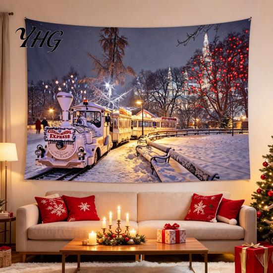 Festive Home Decor Tapestry Christmas Tapestry, Winter Snow Scene Backdrop, Xmas Tree Fireplace Decorative Fabric for Wall Hanging Bedroom Living Room