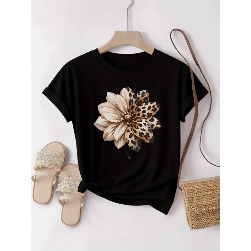 

European Size European Size Lazy - Style Brown Short - Sleeve T - Shirt | Leopard - Print Flower Patchwork A Must - Have For Relaxed Outfits 4XL