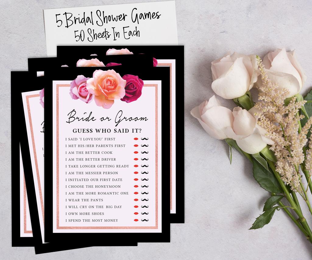 Inkdotpot Floral Theme Bachelorette Party Games Set Bundle of 5 (Activities for 50 Guest) Fun Bridal Shower Games Set