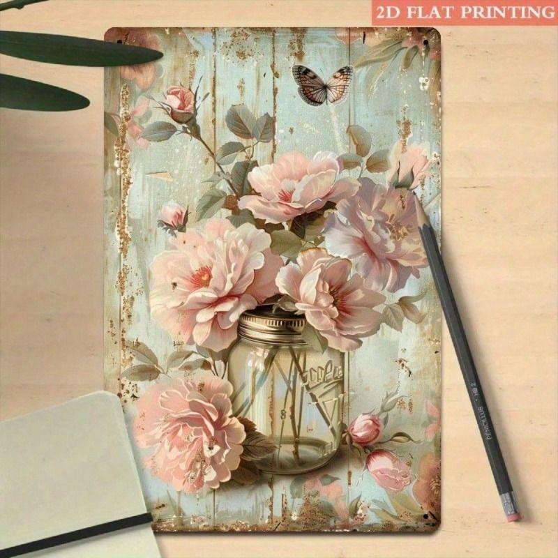 

Metal Poster Pink Roses Rustic Farmhouse, Mason Jar Butterflies Shabby Vintage for Living Room