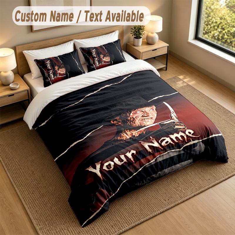 3Pcs Bedding Set Custom Name Text, 1 Sheet 2 Pillowcases Home Bed DecorA Nightmare On Elm Street Freddy Krueger