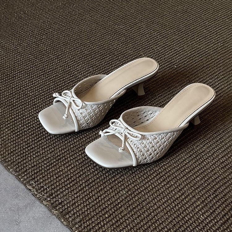 Holiday Style Woven Hollow Sandals Women's Versatile Bow One-word Drag Open-toed Square Head High Heels Summer