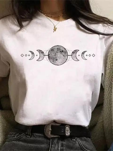 Maycaur Newest Funny Moon Print T Shirt Women White and Black Shirts Fashion Round Neck Short Sleeve T-Shirt Summer Tees Casual Top