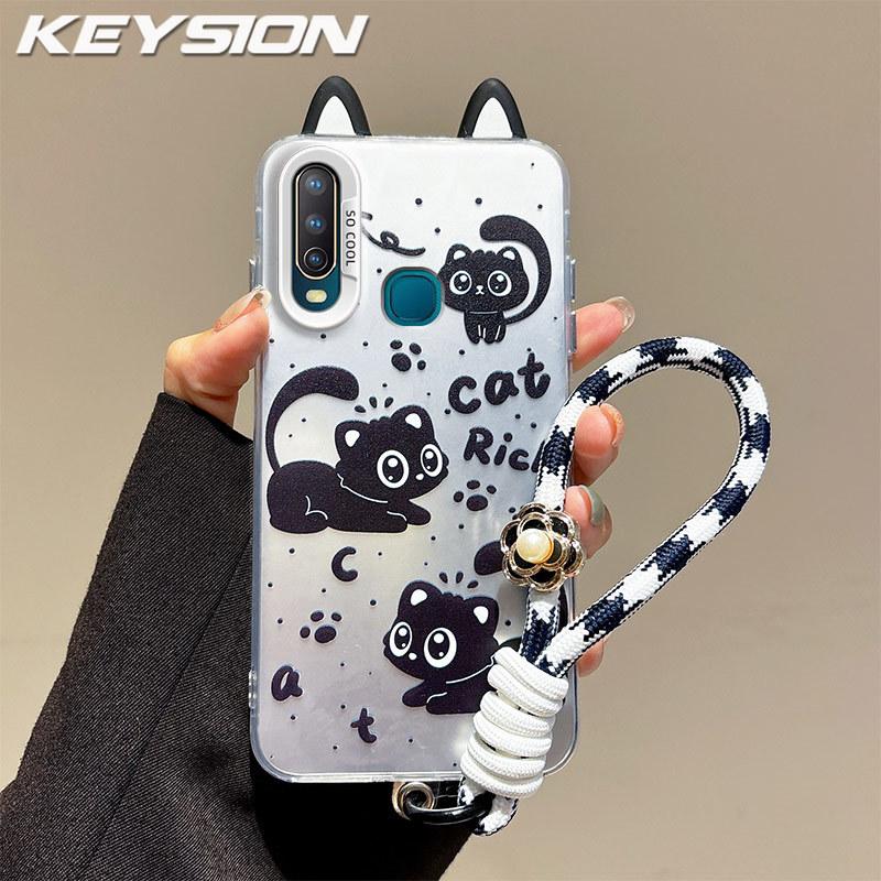 KEYSION Cute Ear Cartoon Case for VIVO Y17 Y15 Y12 with Lanyard Soft Silicone+PC Shockproof Phone Back Cover for VIVO Y11 2019