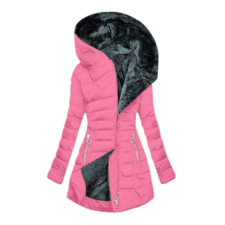 Warm Women Cotton Hooded Jacket Long Zipper Pockets Casual Outerwear
