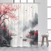 Ink Landscape Shower Curtain Abstract Mountain Water Red Floral Birds Chinese Style Bath Curtains Home Bathroom Decor with Hooks