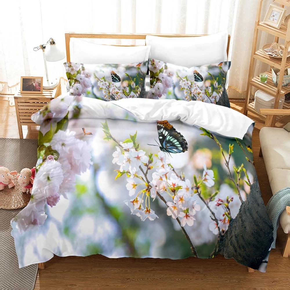 Pale Pink Duvet Cover Set Sakura Branch With Cherry Flowers Tender Japanese Spring Decorative Bedding Set King Size Green
