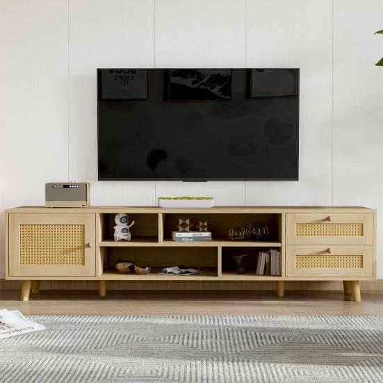 TV Cabinet Premium 160cm Wood-Colored Rattan for 70-Inch TV-Cable Management 2 Drawers Entertainment Center 1 Door Cabinet Base Living Room
