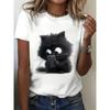 European Size Cute Cartoon Cat Design for Phone Lovers, Featuring a Printed Round-Neck Short-Sleeve T-Shirt, Perfect for Casual