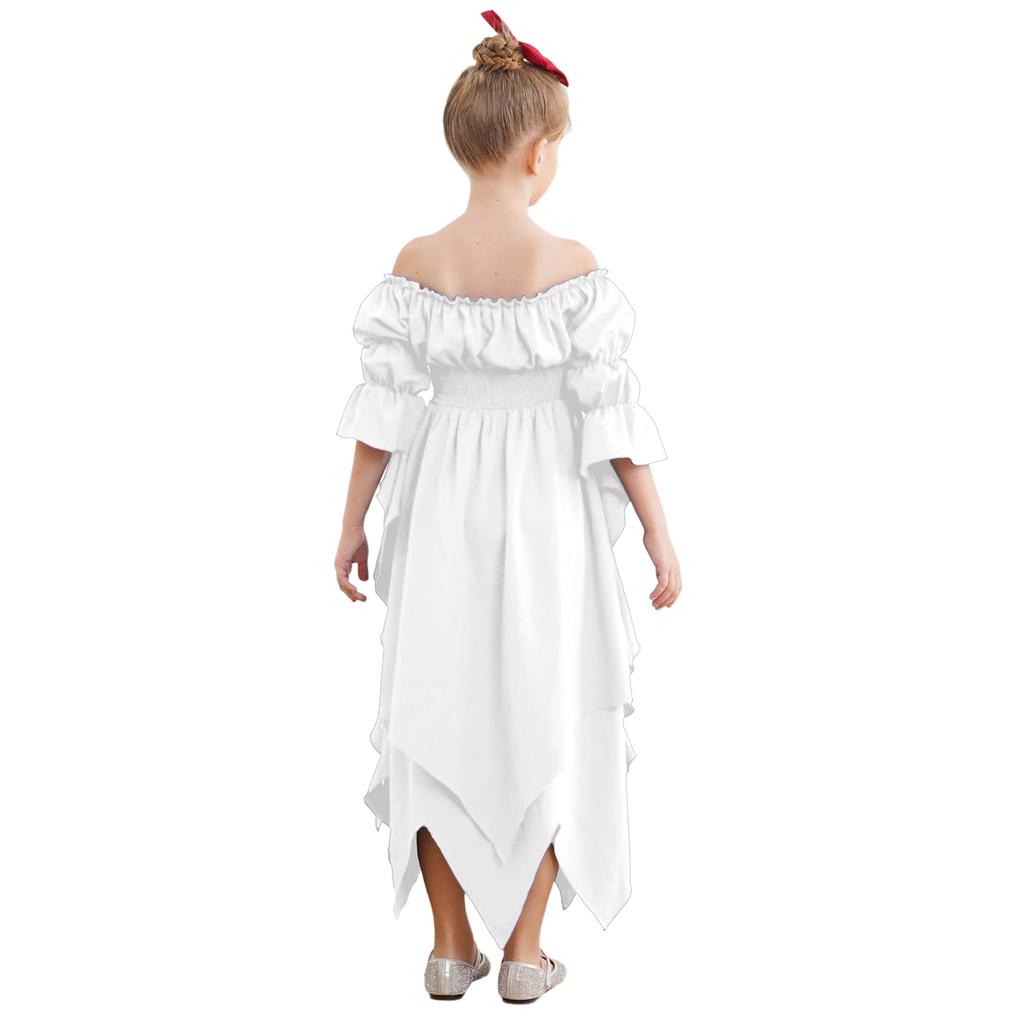 Girl's Renaissance Halloween Fancy Dress Costume Cold Shoulder Smocked Irregular Hem Dresses
