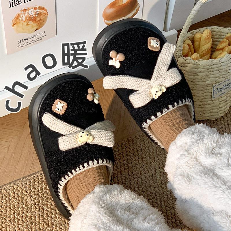 Winter new cotton drag bear bow sweet plush warm home slippers low top plush
