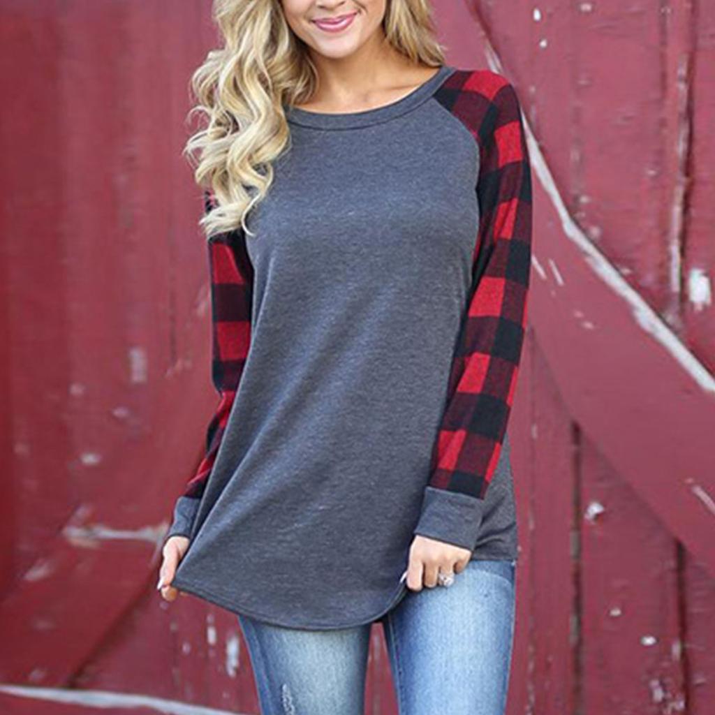 Women's Plaid Print Long Sleeve Casual Top T-Shirt