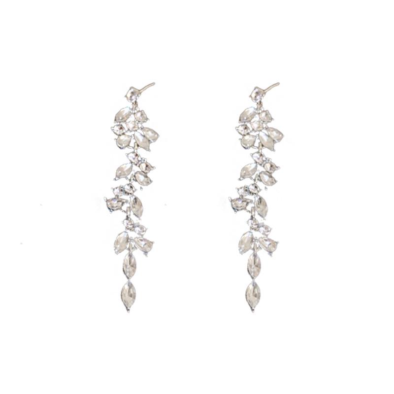 Silver Needle Diamond-Set Pearl Geometric Tassel Dangle Earrings - High-End European & American Style for Women.