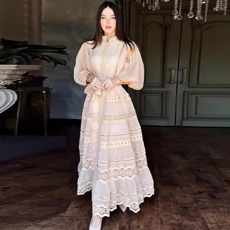 2024 Elegant Solid Color Lace Splicing Swing Maxi Dress