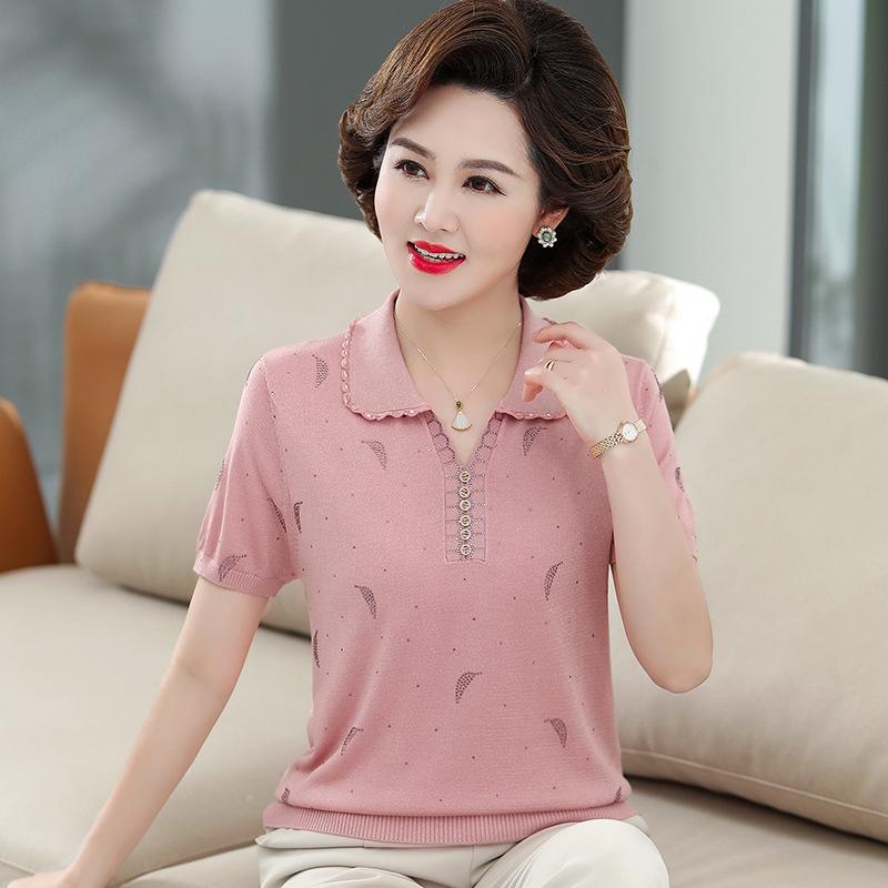 

Mother s Style Ice Silk Collared T-shirt for Middle-Aged Women - 50s & 60s Short Sleeve Summer Top XL (100-110 jin) розовый