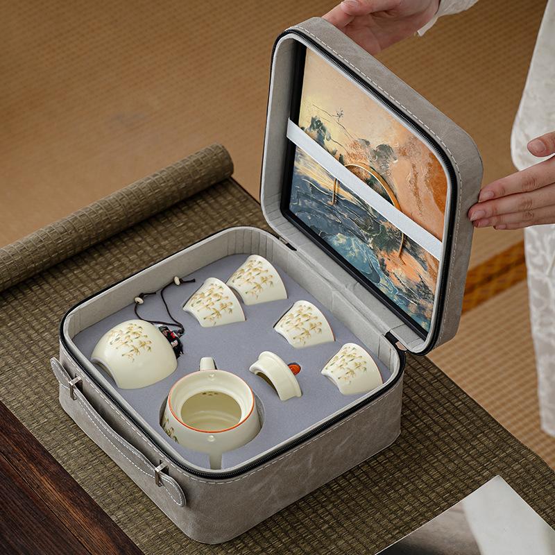 Jinsi Bamboo Ru Kiln Camping Kung Fu Tea Set Small Set Storage Bag Anti-scalding Ceramic Teacup Portable Tea Set