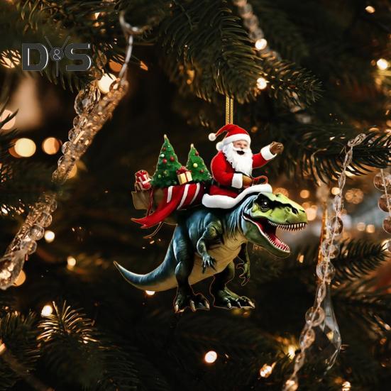 Christmas Pendant Santa Claus On Dinosaur Ornament 2D Flat Acrylic Hanging Decoration for Christmas Tree Mantel Decor