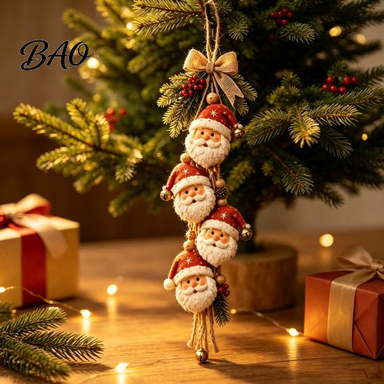 Xmas Tree Hanging Pendant Wooden Santa Claus Ornament, 2D Flat Pattern Sign with Jute Bows Rope And Bell, Vintage Door Hanger for Front Door,