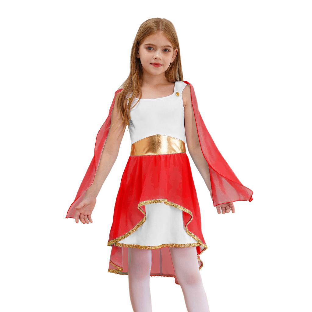 Kostium Greckiej Togi dla Dziewczynki: Bezrękawna Asymetryczna Zwiewna Sukienka Patchworkowa na Halloween Kostium Księżniczki Starożytnego Rzymu Cosplay