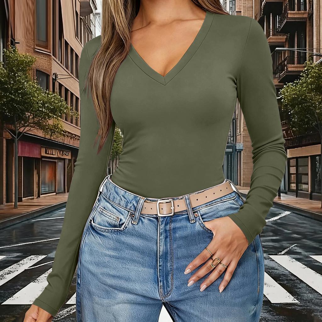 Women's Color V,Neck Slim,Fit Long,Sleeve Top