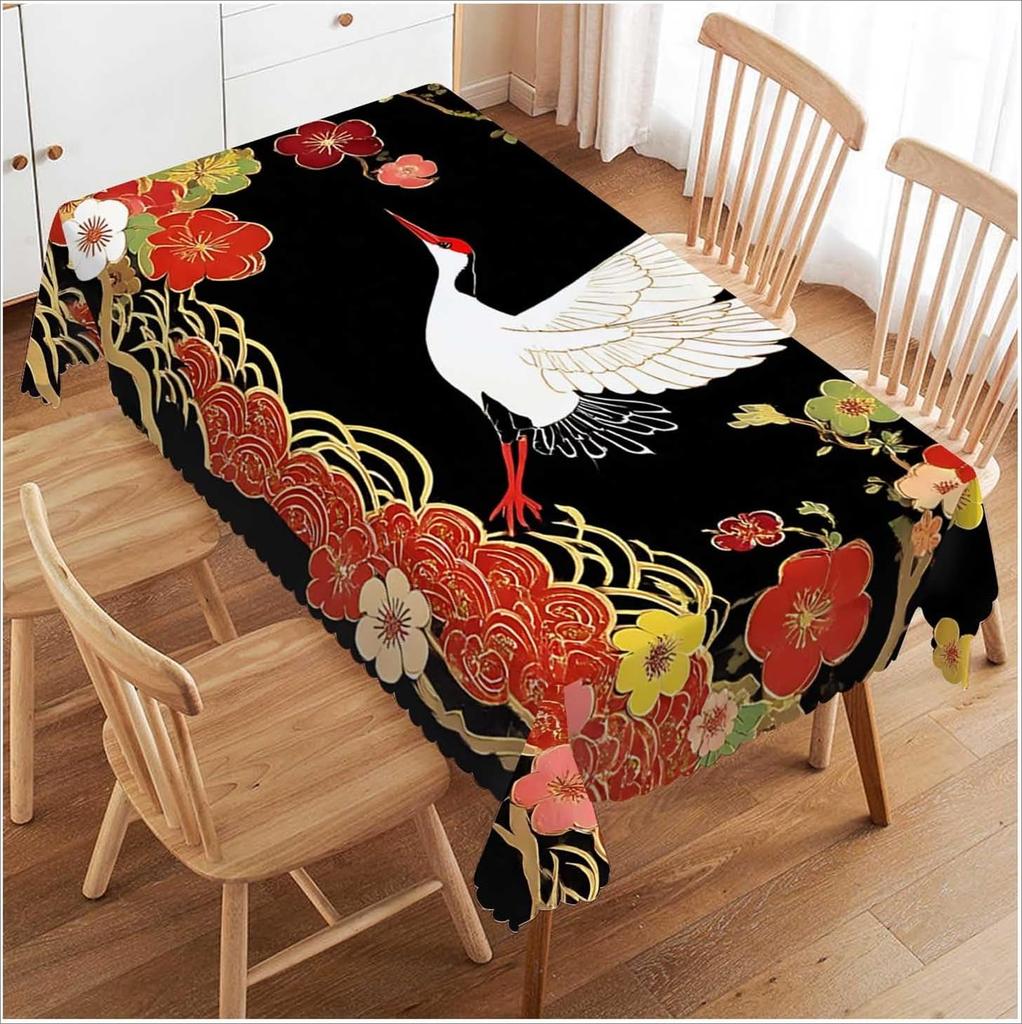 Asian Oriental Heron Bird Floral Rectangle Tablecloth for Table Decor Reusable Kitchen Dining Tablecloth Holiday Party Decor