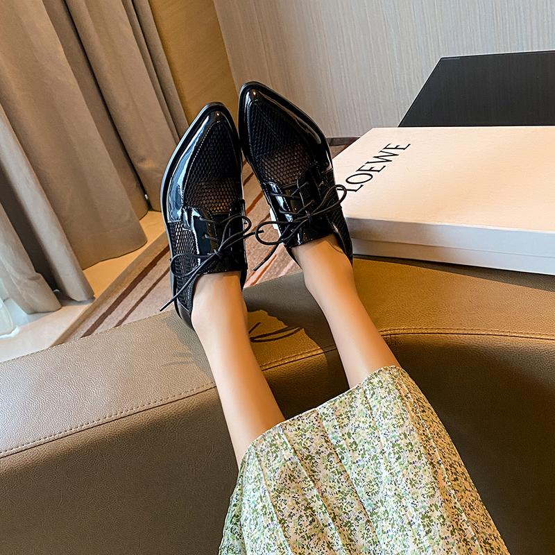 Fashion 2025 Spring Net Cloth Oxfords Women Shoes Lace-Up Ladies Brogue Flat Derby Shoes Pointed Toe Lace-up Heels Women Shoes for Women