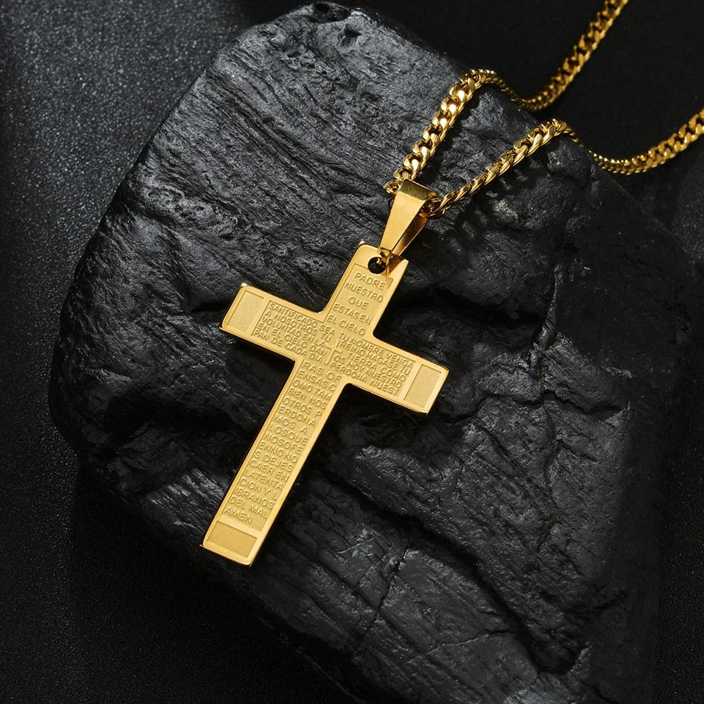 Bibel Kreuz Halskette Goldfarbe Edelstahl Anhänger & Kette für Herren Geschenk Christlicher Schmuck 60cm Kettenlänge