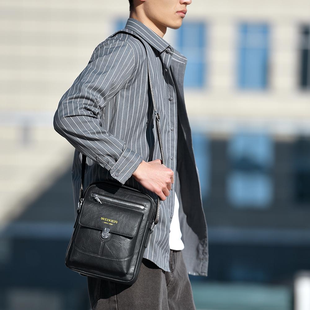WEIXIER Bolso Bandolera de Cuero para Hombre Bolso Mensajero Clásico Impermeable Maletín Bolso Satchel Bolso de Viaje