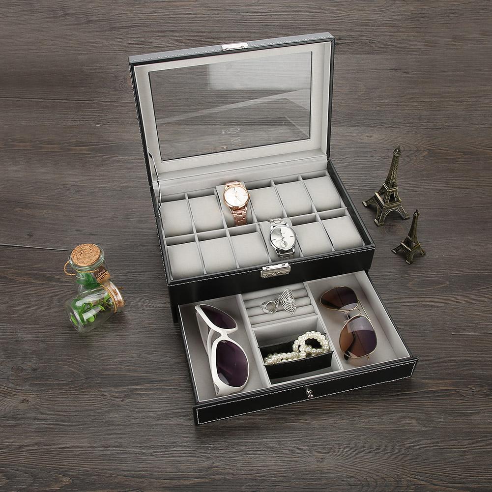 Double Layer PU Lther Wood Watch Holder, Watch Display Case Jewelry  Storage Box, Wristwatch Display Case for Rings rrings Bracelet Necklace 11.8 X 8.