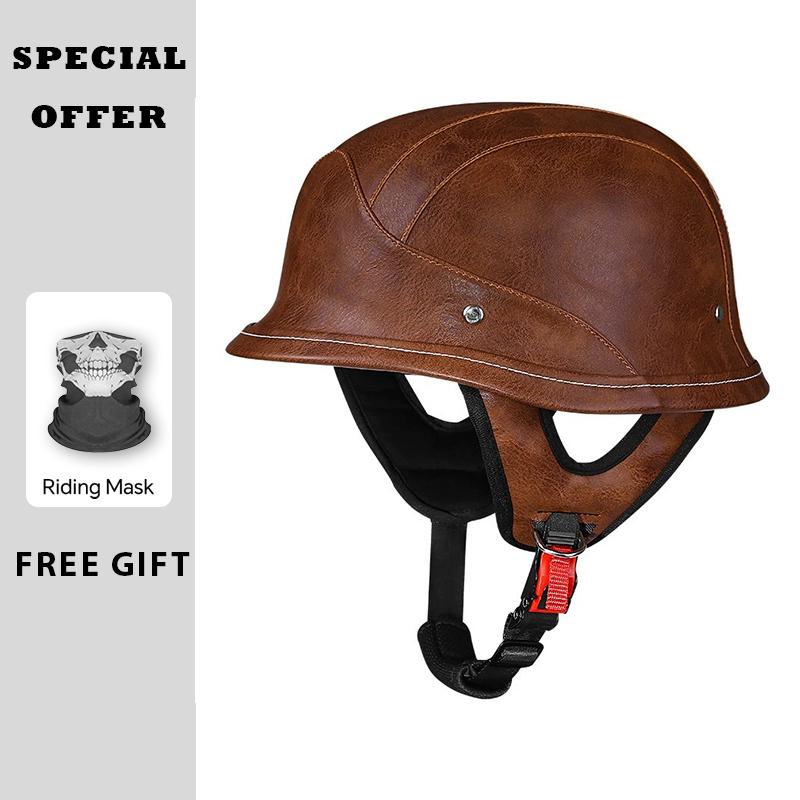 Leather Half Helmet Vintage Open Face Motorcycle Helmets Retro German Low Profile Half Helmet DOT Certified 1/2 Half Helm