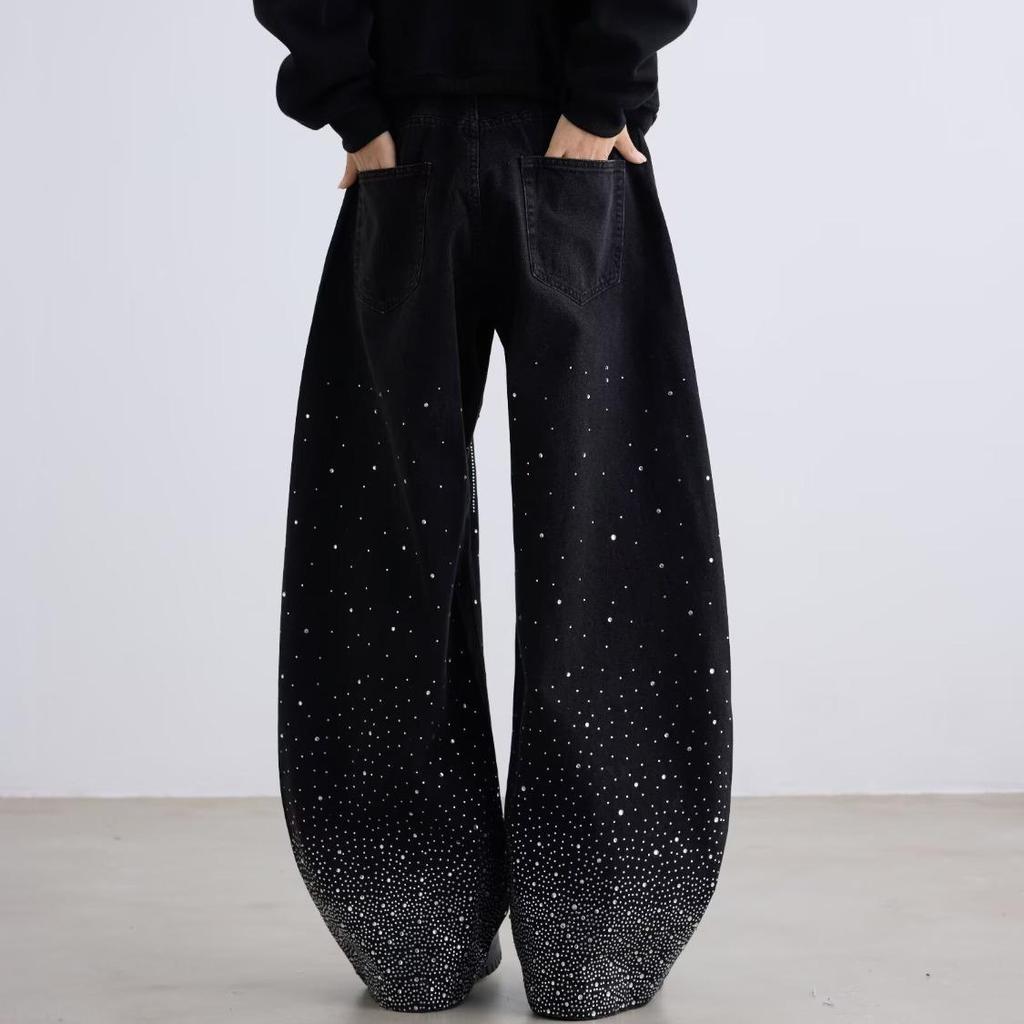 Unisex Retro Star Design Frayed Edge Wide Leg Jeans
