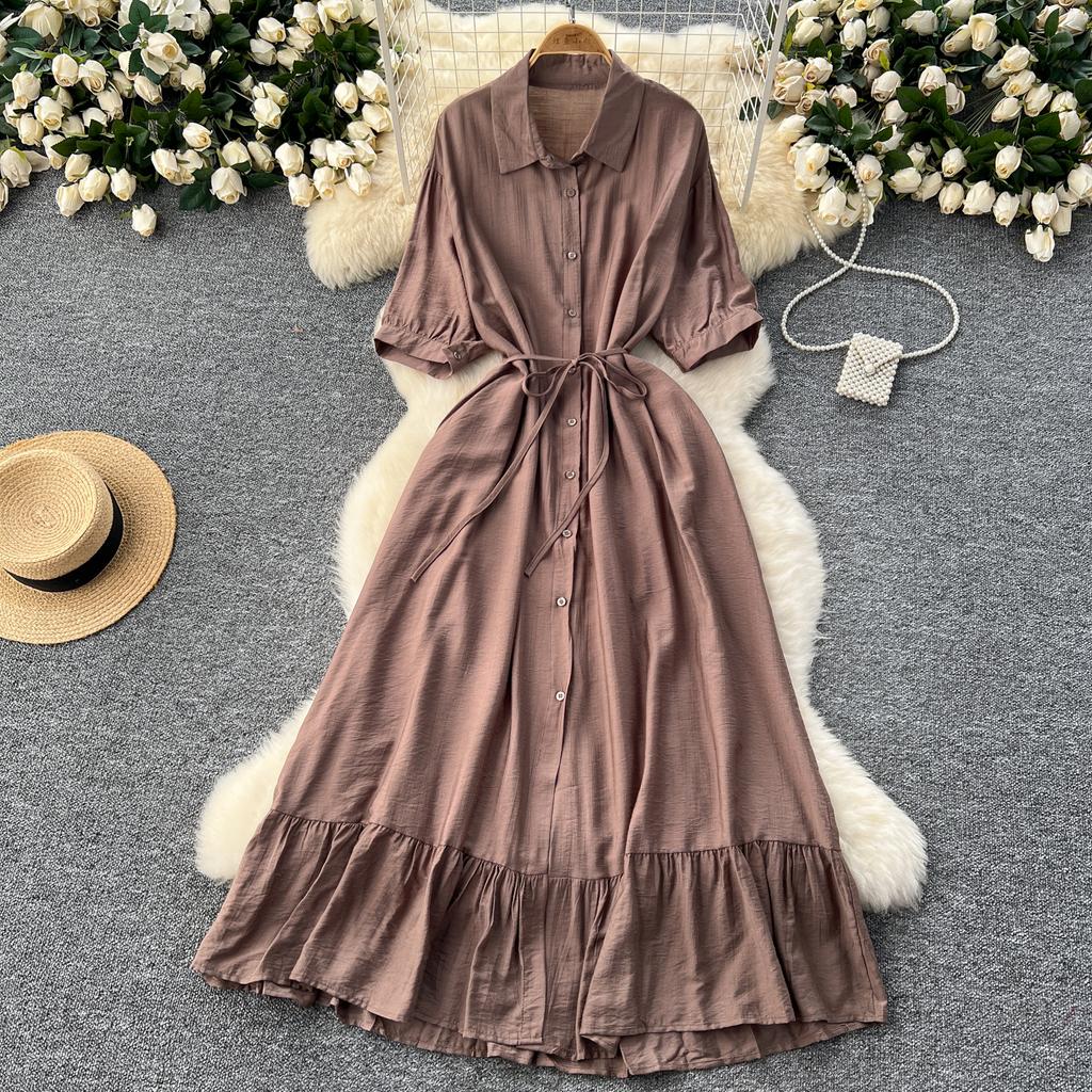 Sexy Chic Polo-Neck Single Breasted Ruffle Dress Elegant Korean Fashion Slim Summer Vintage Sweet Dresses