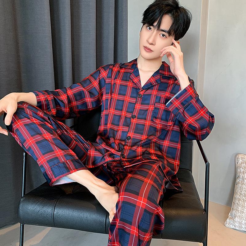 Conjunto de Pijama para Hombre Primavera Otoño Seda de Hielo Cárdigan de Manga Larga Ropa de Dormir de Satén para Exterior Masculino Ropa de Casa Verano