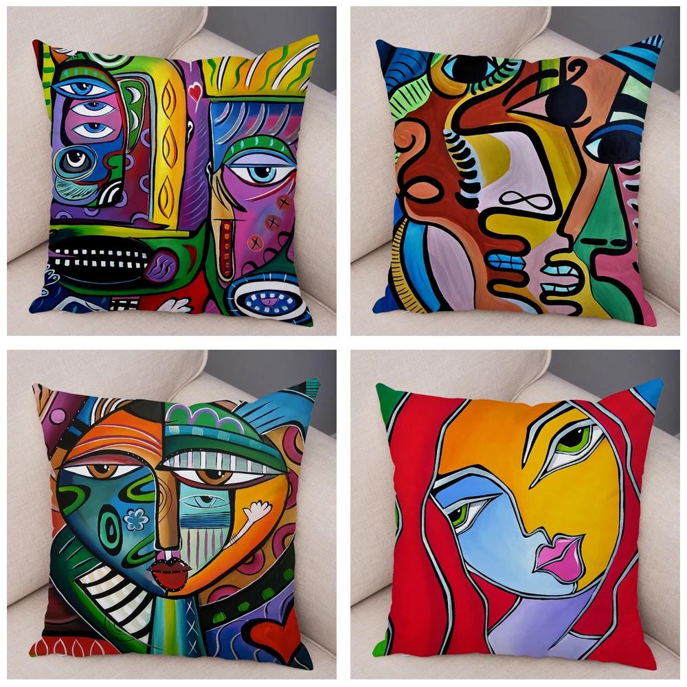 Abstract Painting Cushion Cover Decoration Nordic Style Colorful Cartoon Girl Pillowcase Sofa Home