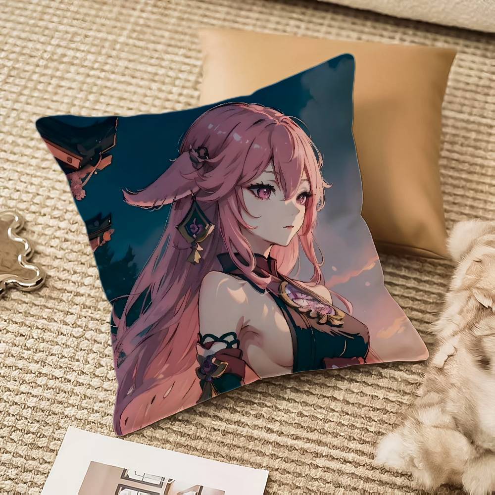 

Y-Yae Shrine Maiden Impact Pillow Case Anti-dustmite Invisible zipper Sofa Bed 12x12Inch