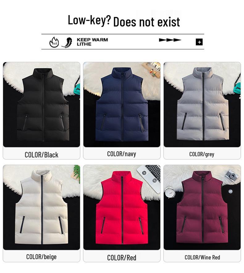 Men's Winter Stand Collar Thick Cotton Vest: Trendy, Windproof, Pure Color, Warm Shawl Jacket