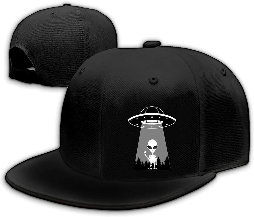 Alien UFO Abduction Graphic Flat Bill Snapback Hat Polyester Baseball Cap for Adults Outdoor