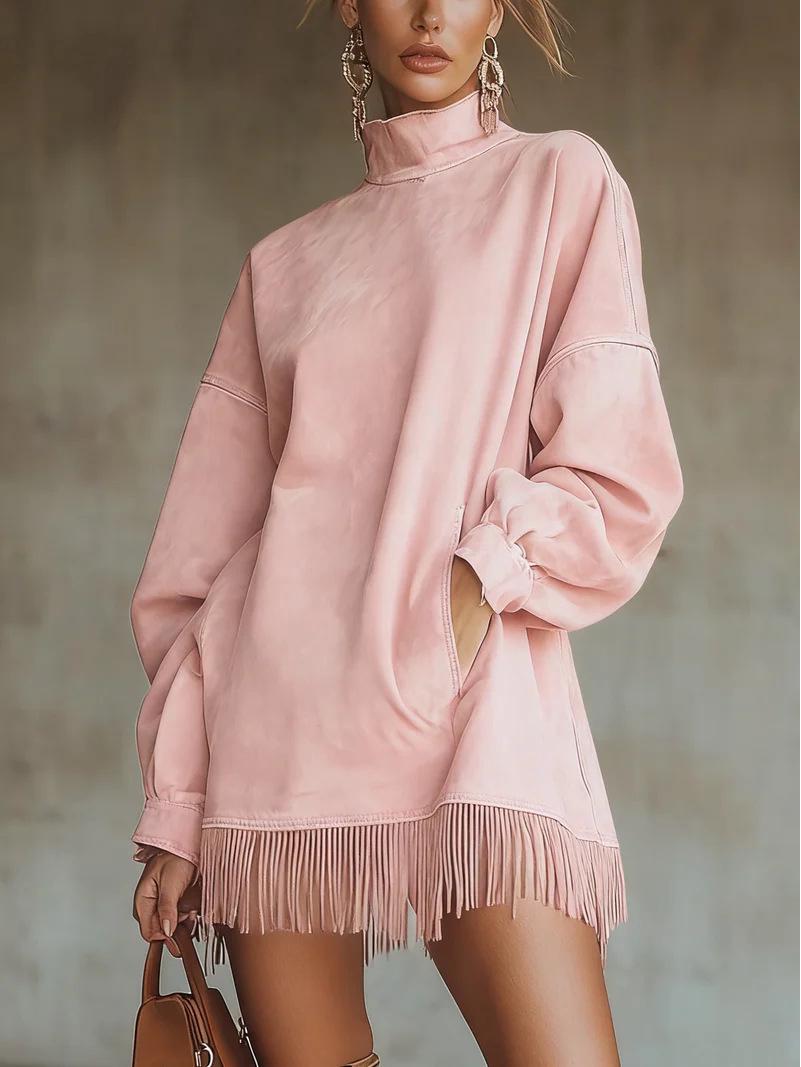 

2025 European & American Retro Suede High Collar Tassel Dress with Pockets for Women L