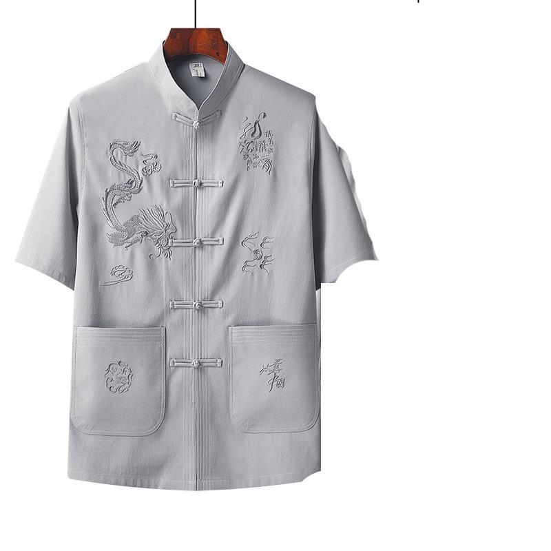 Men's Embroidered Short Sleeve Tang Suit - Loose Fit Dragon Set for Fathers and Seniors