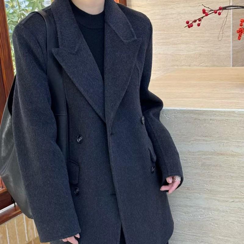 Womens Wool Blend Double-Sided Tailored Coat Mid-Length Single-Breasted Slim Fit Korean Style Winter Outerwear
