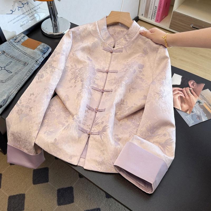 Silk Age-Reducing Frog Button Jacquard Top for Middle-Aged Women - Plus Size, Chinese Style, Spring/Autumn Outerwear